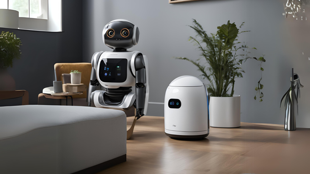 A sleek, multifunctional home robot with arms and a base, designed for various household tasks like cleaning and assistance.